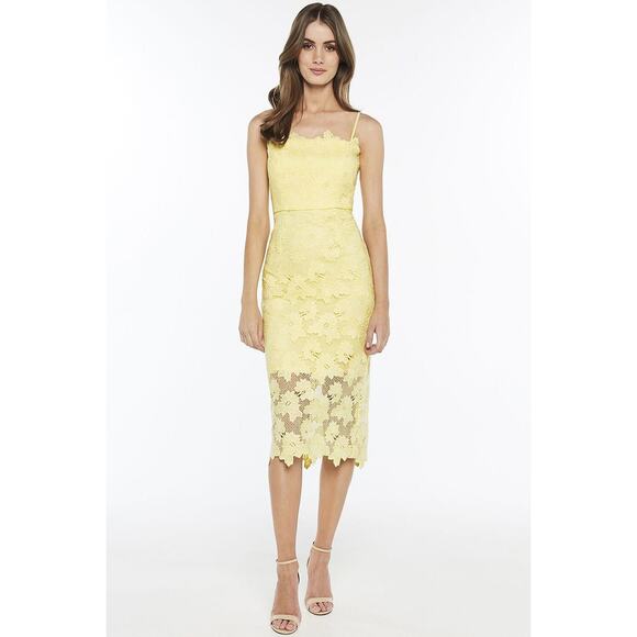 Bardot Sunshine Lace Yellow Sheath Midi Dress‎ US 6 / Small Cocktail Event Party - Picture 1 of 8